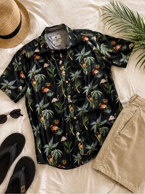 Men’s Tropical Flamingo Hawaiian Shirt Black Button Up Resort M
